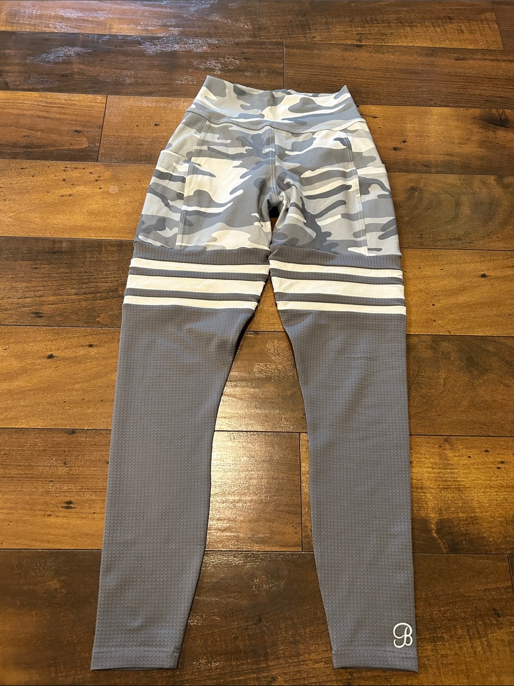 Bombshell Sportswear Gray Camo High-Waist Leggings with White Stripe Accents